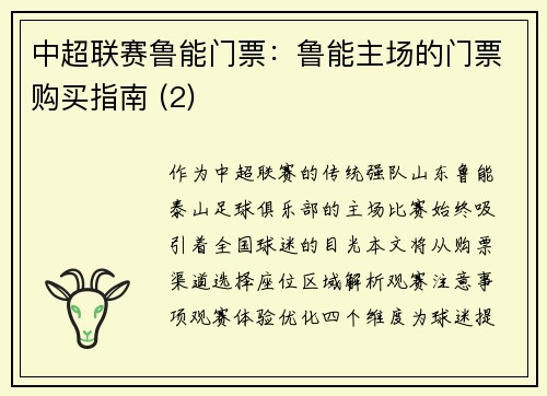 中超联赛鲁能门票：鲁能主场的门票购买指南 (2)
