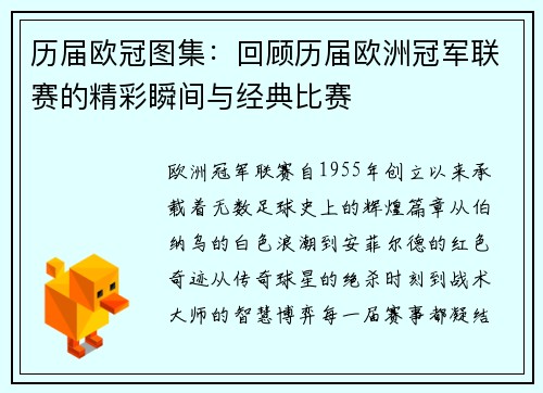 历届欧冠图集：回顾历届欧洲冠军联赛的精彩瞬间与经典比赛