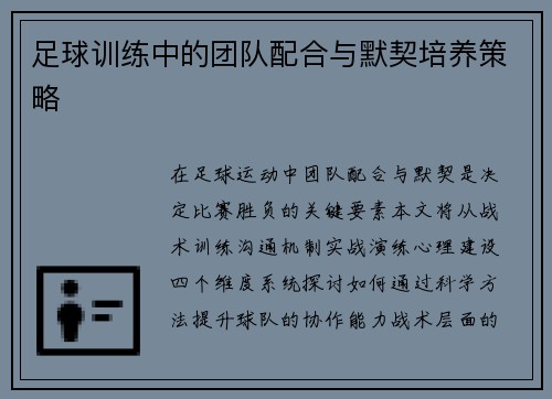 足球训练中的团队配合与默契培养策略