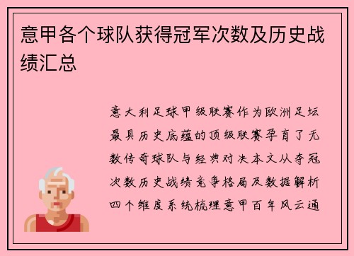 意甲各个球队获得冠军次数及历史战绩汇总